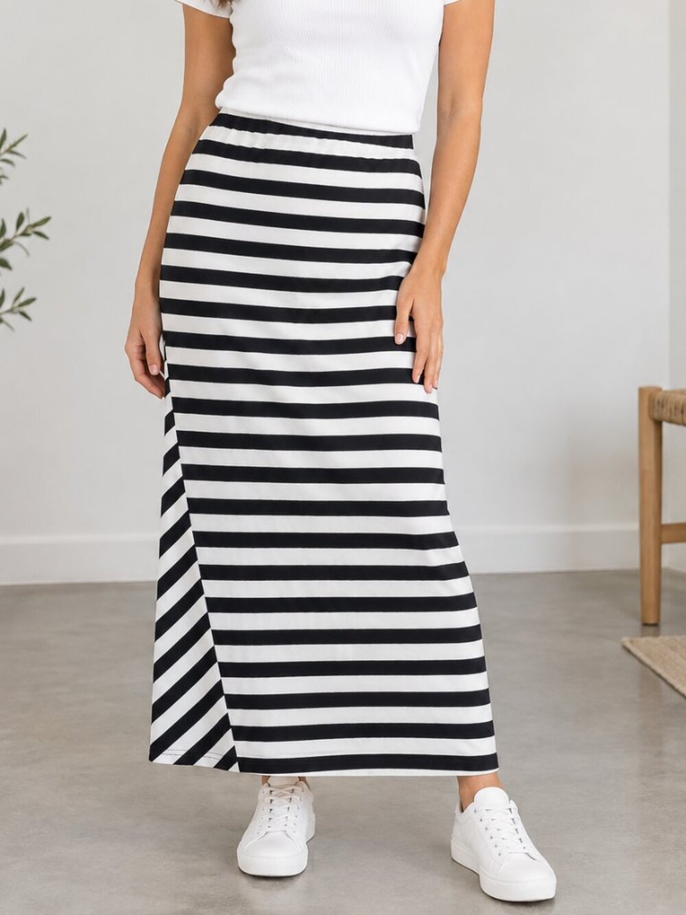 Buffalo David Bitton Black White Striped Maxi Skirt Size L Long Side Slit